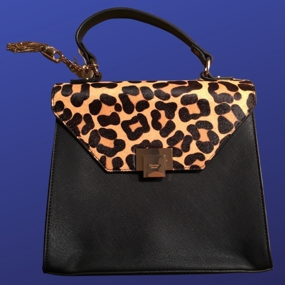 Dune LONDON faux leather/Hair satchel handbag, black/Leopard, NWOT